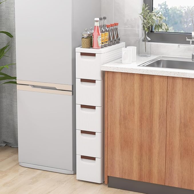 LOKO 5-Drawer Narrow Storage Cabinet, Slim Rolling Cart (7.5"x16.5"x36") | Mobile Plastic Cart Container | Pull Handles & Built-in Wheels | For Living Room, Kitchen, Bathroom, Office
