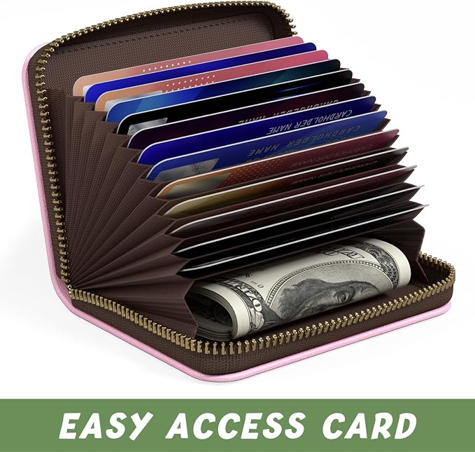 Aiawoxc Credit Card Holder, Small RFID Wallet Slim Leather Card Organizer Case with Zipper and Keychain, Pink Cute Dumpster