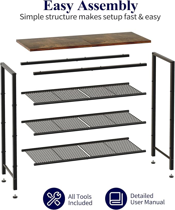 Kitsure Shoe Rack - 4-Tier Shoe Organizer with Wooden Top & Leveling Feet, Easy-Assembly, Rust-Resistant Metal Shoe Shelf for Closet, Entryway, Bedroom, 29.5" x 11.4" x 24.8", Brown