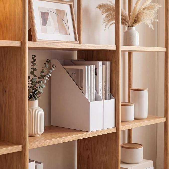 EXYGLO 6 Pack White Magazine File Holder, Cardboard Magazine Rack with Label, Foldable Storage Organizer Box for Book, Documents, 10x3.3x12 Inches
