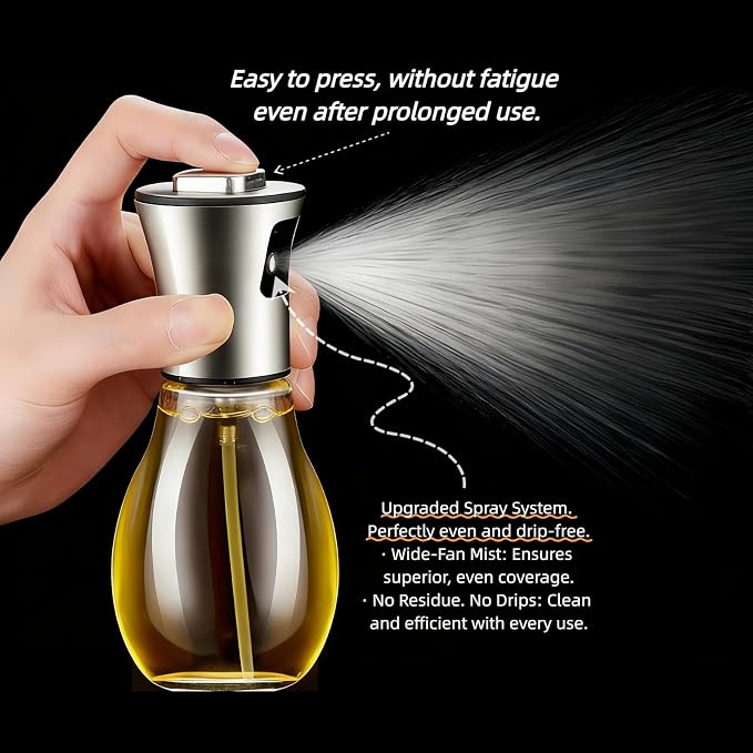 Olive Oil Fine Mist Spray Bottle - 6.7oz/200ml Cooking Sprayer for Air Fryer, Salad, Grilling & Frying - Kitchen Essential Tool（304 Stainless Steel）（with 3D stickers）
