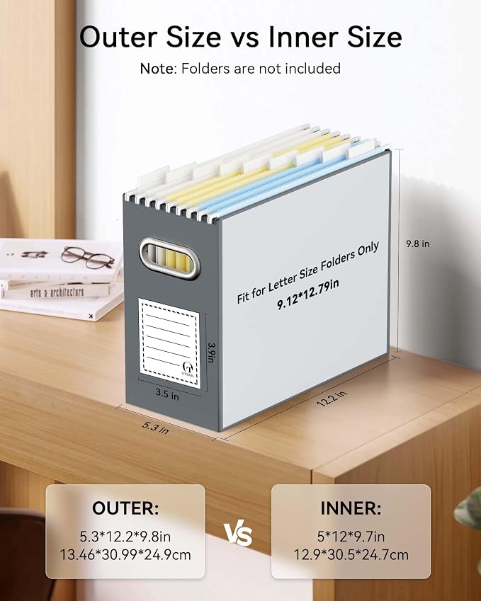 Oterri File Organizer Box, Portable Collapsible Cardboard File Folder Organizer with Handle for Letter Size Hanging Files, Document Storage Box for Home Office & Classroom (6 Packs, Dark Grey)