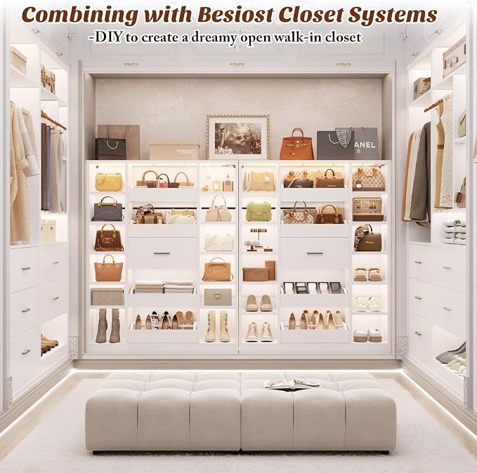 Besiost 40" Closet System with LED Lights, Wooden Closet Organizer System with Drawers & Shelves, Versatile Closet Storage Tower for Walk-in Closets, Shoe Rack and Handbag Storage Cabinet, White