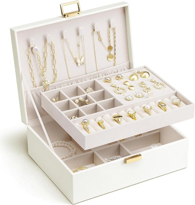 VLANDO Jewelry Box for Women, Gift for Women Girls,2 Layer Jewelry Box,Large Jewelry Organizer for Women Removable Jewelery Tray for Necklace Earrings Rings(Cream White) | Flexible Compartments, Separate Sections for Rings and Larger Pieces, Easy Every...