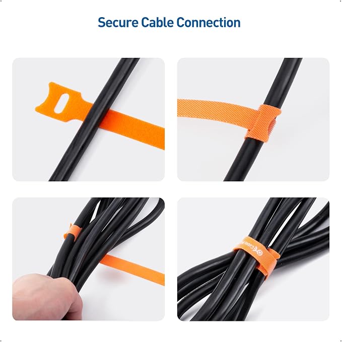 Cable Matters 100-Pack 8-Inch Hook-and-Loop Reusable Cable Ties, Multicolor | 42 Lbs Tensile Strength, Black/Blue/Orange, Cord Wrap, Zip Ties and Cable Management Straps