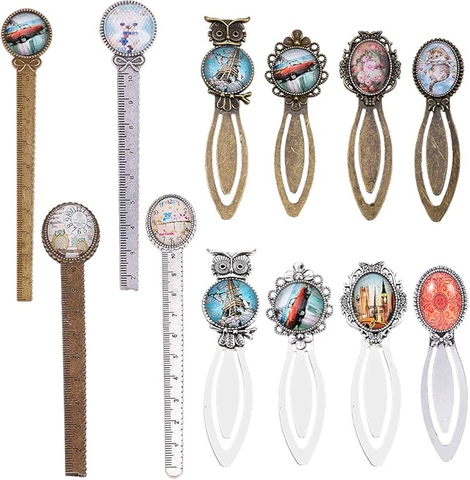 SUNNYCLUE 12Pcs 2 Styles Ruler Bookmark Pendant Tray Kit with 8Pcs Bookmark Cabochon Setting 4Pcs Ruler Cabochon with Clear Oval Round Glass Cabochon for DIY School Office Supplies Book Gifts Making