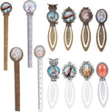 SUNNYCLUE 12Pcs 2 Styles Ruler Bookmark Pendant Tray Kit with 8Pcs Bookmark Cabochon Setting 4Pcs Ruler Cabochon with Clear Oval Round Glass Cabochon for DIY School Office Supplies Book Gifts Making