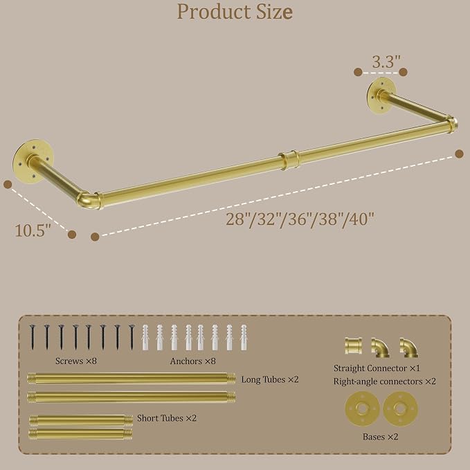 Wall Mounted Clothes Rack 2 Pack, Industrial Pipe Clothing Rack 36 Inch Gold, Wall Clothes Hanger for Bedroom, Cloakroom, Closet, Hallway, Boutique Display, Drying Racks Wall-Mount for Laundry