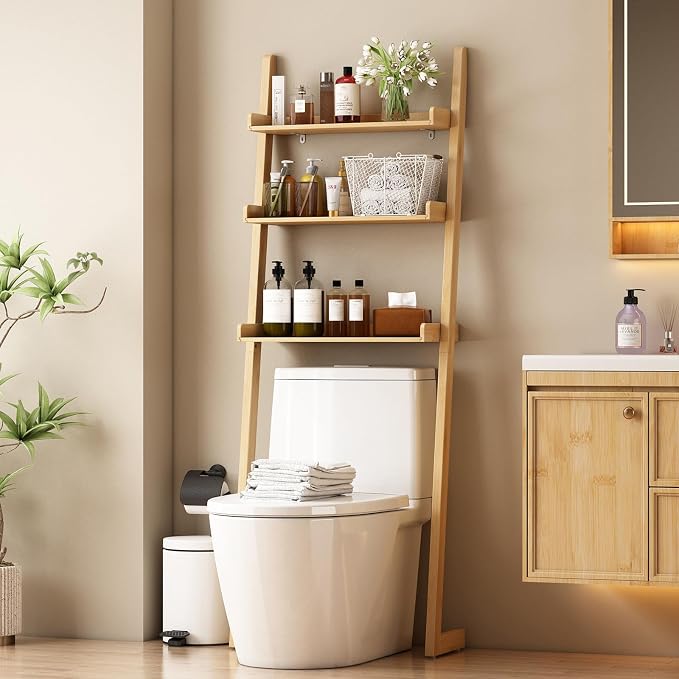 Solid Bamboo Toilet Shelf,3 Tier Bathroom Shelf with Anti-Slip Base | Solid bamboo over the toilet storage – naturally moisture-resistant for bathrooms, built for long-lasting durability