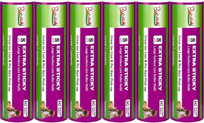 8 inch Large Lint Roller Refills Compatible with Scotch-Brite Pet Hair Pickup Extra Sticky Large Lint Roller 60 Sheets per Refill Pack of 6 Rolls 360 Easy-Tear Adhesive Sheets Total