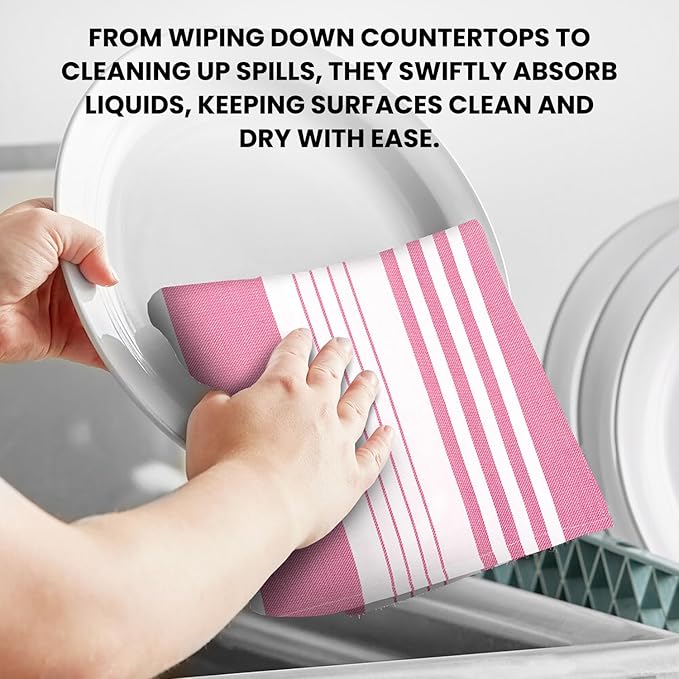 Stripe Kitchen Towels Decor Mordern Design Centreband Dish Towels Boho Stripe Absorbent Festive Gift Set of 3 Pantry Reusable Kitchen Dish Towel|Easter Spring Decor 18x28 Inch Pink