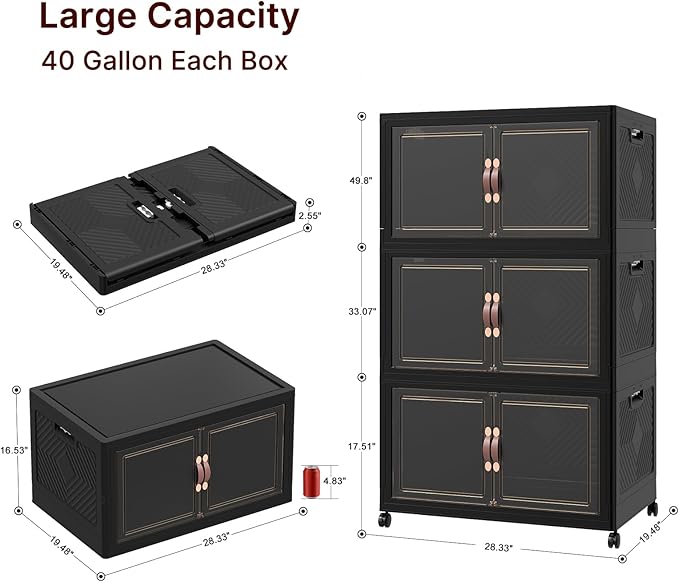 Stackable Storage Bins with Lids, Collapsible Storage Boxes, Foldable Plastic Storage Drawers for Bedroom,Office, Dorm (6, Black, XL)