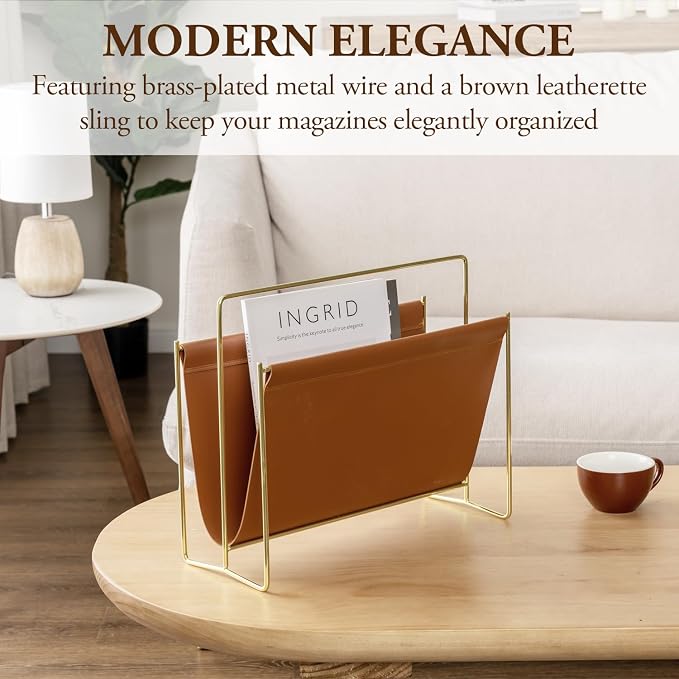 MyGift Magazine Holder Magazine Rack Floor 15-Inch Modern Brown Leatherette & Brass Plated Metal Floor Standing Faux Leather Sling Style Newspaper Rack for Home, Bathroom, Office Decor