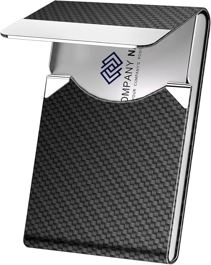 Business Card Holder, Metal Slim Business Card Case, Pocket Card Holder for Women or Men, PU Leather Business Card Holder Case RFID Blocking Name Card Holder with Magnetic Closure, Black Carbon
