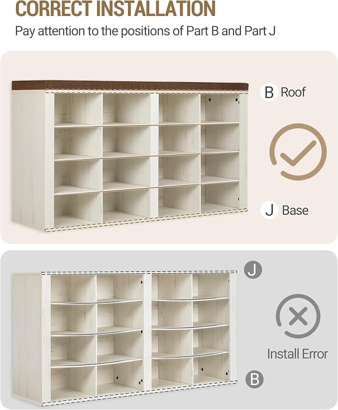 Hzuaneri Shoe Storage Bench, Entryway Shoe Rack with Cushion and Cubbies | entryway shoe rack bench cabinet with 16 cubbies and adjustable shelves for bedroom, living room, Rustic White SB25614KA