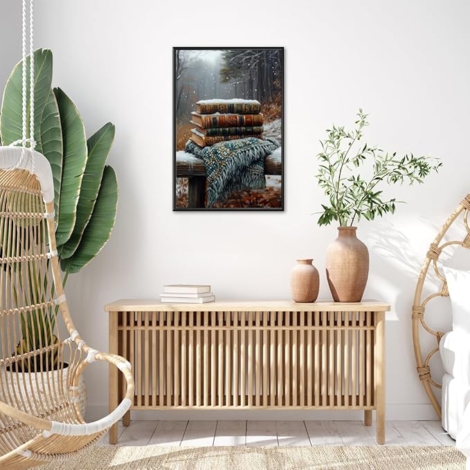 Vintage Books Winter Book Lover Art Aesthetic Poster Canvas Wall Art Decoration Living Room Home Decor Bedroom Decoration Poster black framed12x18inch