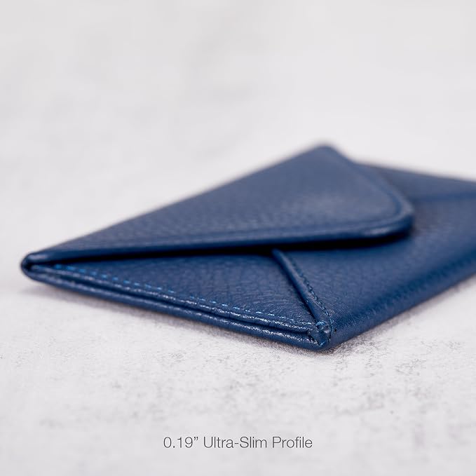 HISCOW Italian Pebbled Leather Business Card Holder, Minimalist Full Grain Envelope Card Case with Hidden Magnetic Closure, 0.19 Inch Slim Front Pocket Wallet for Men and Women, Blu Navy