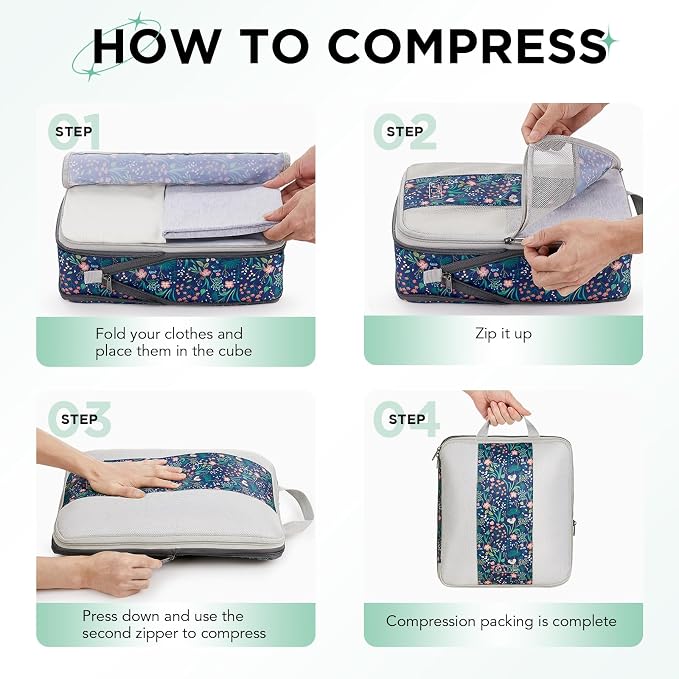 OlarHike 8 Set Compression Packing Cubes for Travel Essentials,Compressible Expandable Space Saver Bags for Organizing Clothes,Luggage Garment Bags with Over 1000 pcs Mesh Holes(Dark Blue Floral)