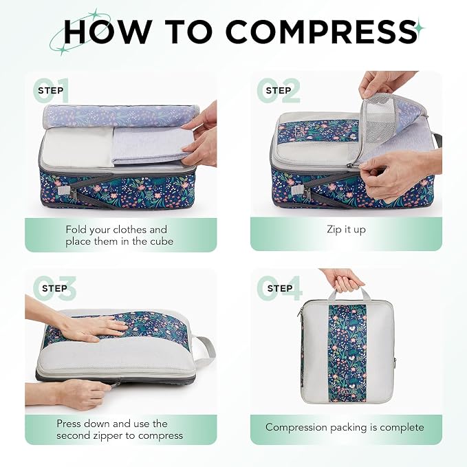 OlarHike 10 Set Compression Packing Cubes for Travel Essentials,Compressible Expandable Space Saver Bags for Organizing Clothes,Luggage Garment Bags with Over 1000 pcs Mesh Holes(Dark Blue Floral)