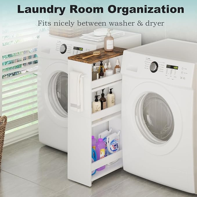 MARTY Rolling Storage Cart 7.9" W, 4-Tier Kitchen Cart with Wheels Handle, Slim Storage Cart Mobile Shelving Utility Carts for Bathroom Laundry Room Organization Narrow Places (White)
