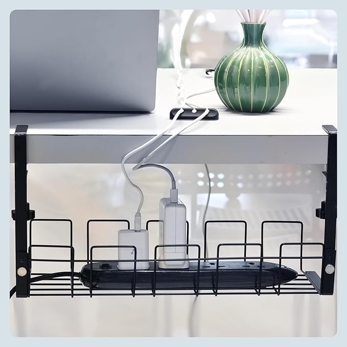 Under Desk Cable Management Tray - 16” No Screw Ready to Install - Hanging Basket Box for Wire Management - Sturdy Desk Cable Tray Organizer fits Two Power Cords - Ideal for Home & Office - 11pc Set