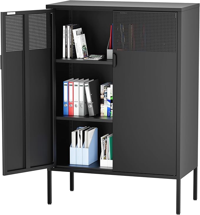 Ustamio Black Metal Storage Cabinet, Metal Locker Storage Cabinet with Doors and Shelves, 3 Tier Steel Office Storage Cabinet, Metal Sideboard for Home, Office, Kitchen and Coffee Bar