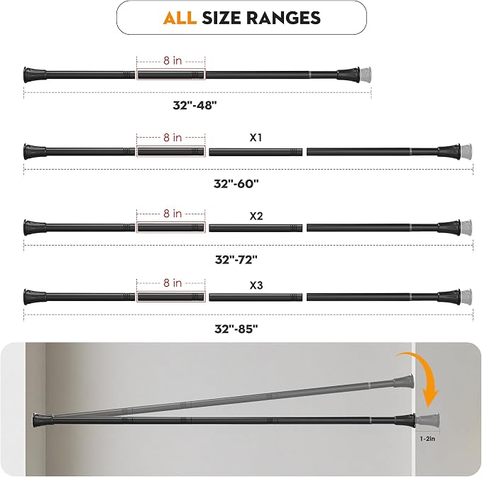 No Drilling Closet Rods for Hanging Clothes, Adjustable 32-85 in | Heavy Duty, Black, Metal, 1.1 Inch Diameter, Suitable for Closet, Wardrobe, Laundry, RV