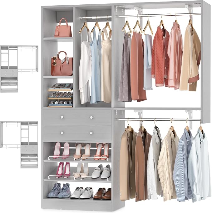 Besiost Closet System - 5FT Small Closet System with Drawers, 60" Closet Organizer System with Reversible Hanging Shelving, Closet Systems for Small/Walk-in Closets, Morandi Grey