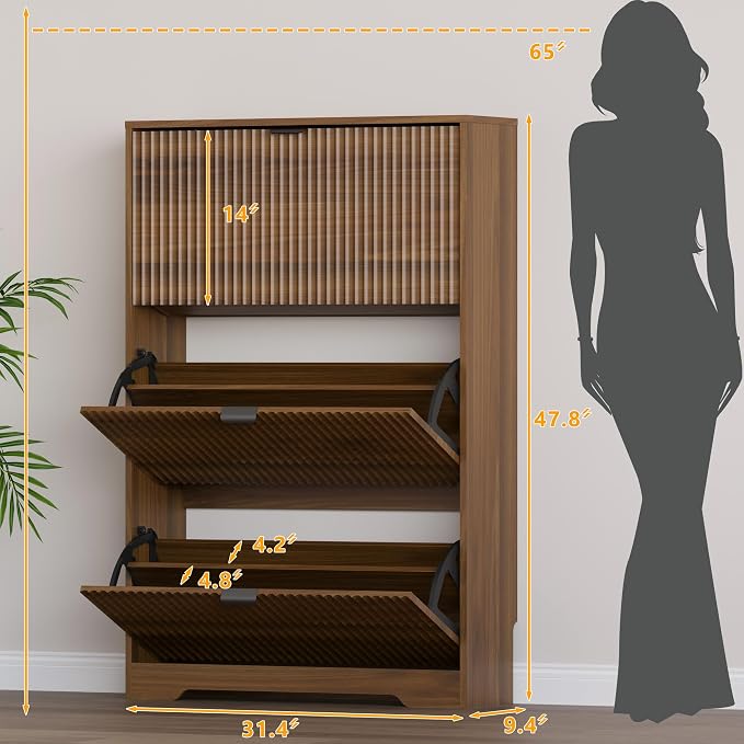 BORNOON Entryway Shoe Cabinet with 3 Flip Drawers, Narrow Shoe Organizer Cabinet with Fluted Panel and Adjustable Shelves for Foyer, Hallway