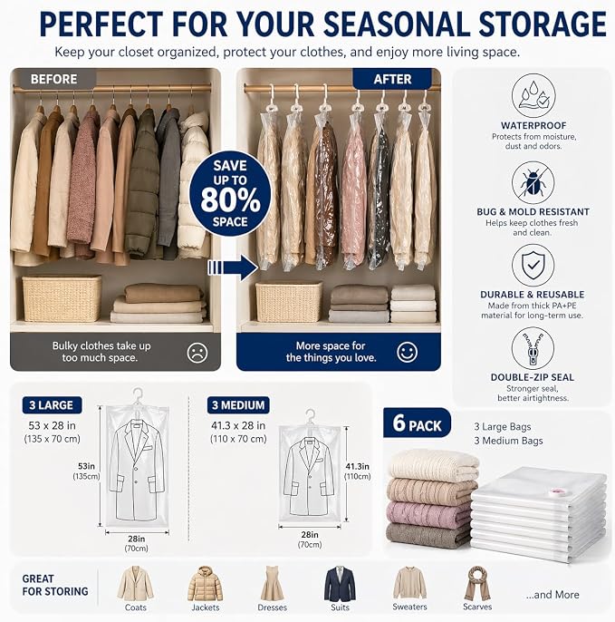 Hanging Vacuum Storage Bags for Clothes, Space Saver Bags for Coats and Winter Jackets, Seal Bags for Clothing, Large Vacuum Bags for Closet Storage, Travel & Seasonal Garment Organization