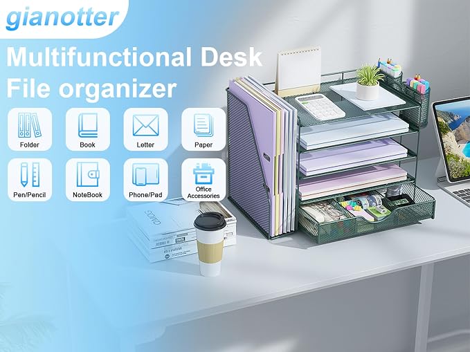 gianotter 5-Tier Desk Organizer with Drawers, File Holders, Letter Trays and Pen Holders - Workspace Accessories for Office Supplies (Green)