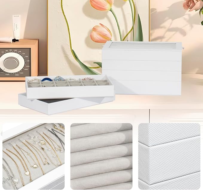 Stackable Jewelry Organizer Trays with Glass Lid,Jewelry Tray for Drawer Insert,Jewelry Display Case for Earring Necklace Ring Watch Bracelet,White PU Leather Gray Velvet Lining,6 Layers