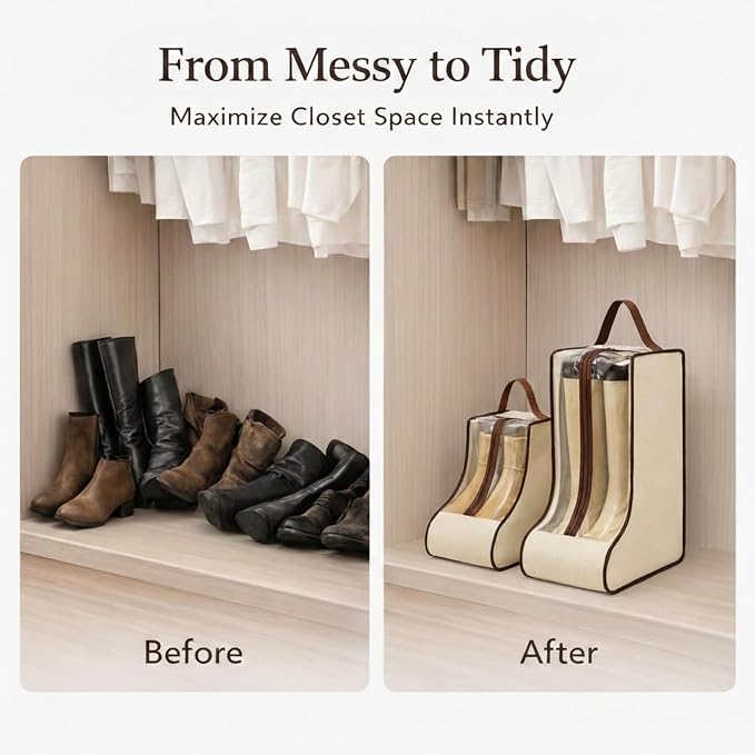 4 Pack Portable Boot Storage Bag,2 Tall & 2 Short Boot Storage Bag with Clear Window, Zipper and Handle, Travel Friendly Shoe Storage for Boots, Closet Organization,Beige
