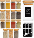 ComSaf Glass Spice Jars with Labels 8 oz 16 Pack Square Bamboo Lids | Empty Containers, Seasoning Herbs Powders, Salt Pepper Chili, Spice Rack Organization, Kitchen Cabinet Storage, Dry Goods