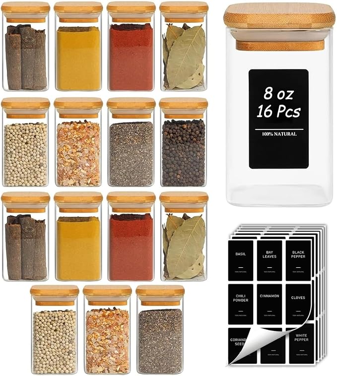 ComSaf Glass Spice Jars with Labels 8 oz 16 Pack Square Bamboo Lids | Empty Containers, Seasoning Herbs Powders, Salt Pepper Chili, Spice Rack Organization, Kitchen Cabinet Storage, Dry Goods
