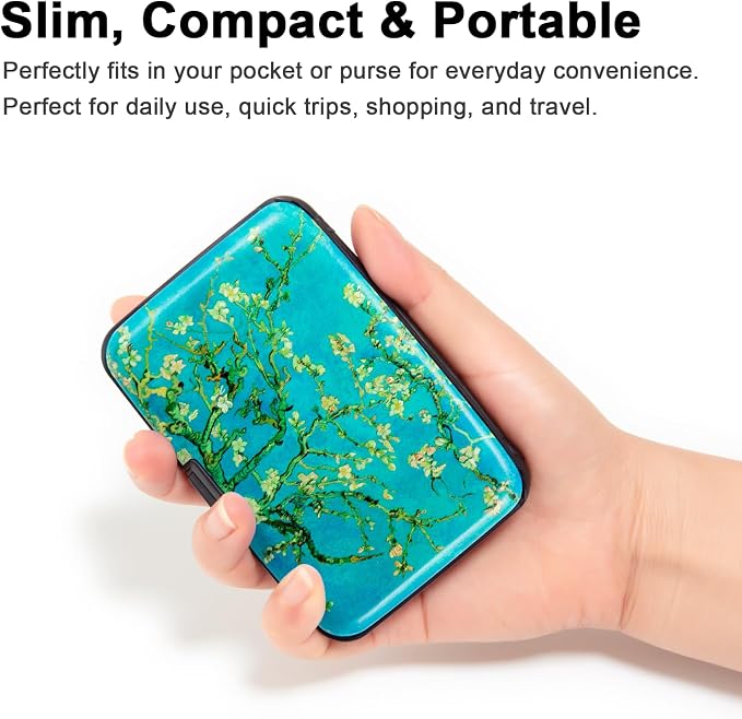 Credit Card Holder, Metal Card Wallet RFID Blocking Mini Slim Aluminum Business Hard Card Case for Women Men (Vincent van Gogh Almond Blossoms)