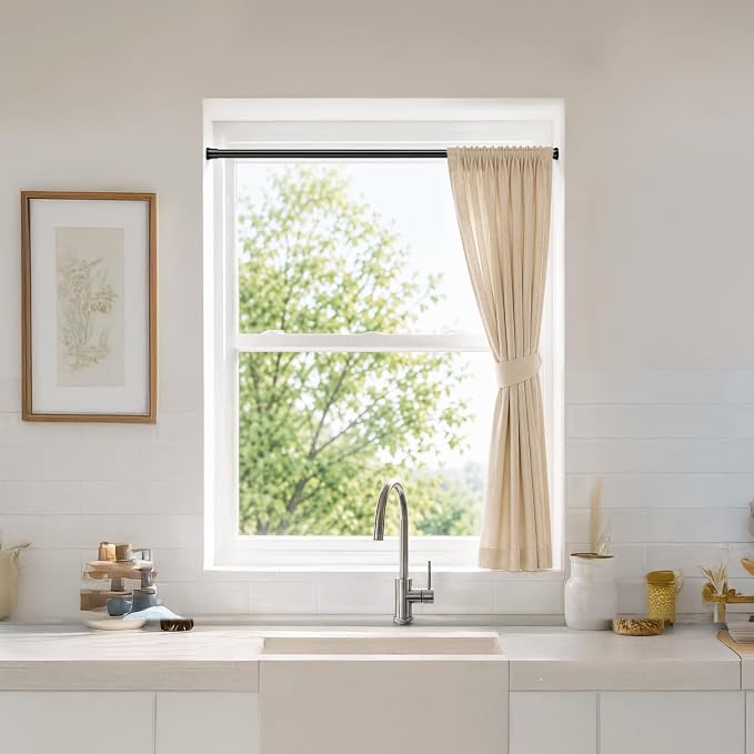 Spring Tension Curtain Rods 28-48 Inch Black 2 Pack | No-drill & tool-free setup. Fits windows, kitchens, doorways. Rust-resistant, great for light curtains.