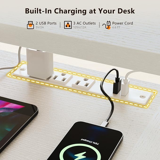 OffiGo 63 Inch U Shaped Electric Standing Desk with Keyboard Tray, White | 3 Outlets & 2 USB Ports, Dual-Monitor Stand, 10 Colors & 10 LED Modes, 3 Presets, 28.3"-46.5"in Range, 154 lb Capacity