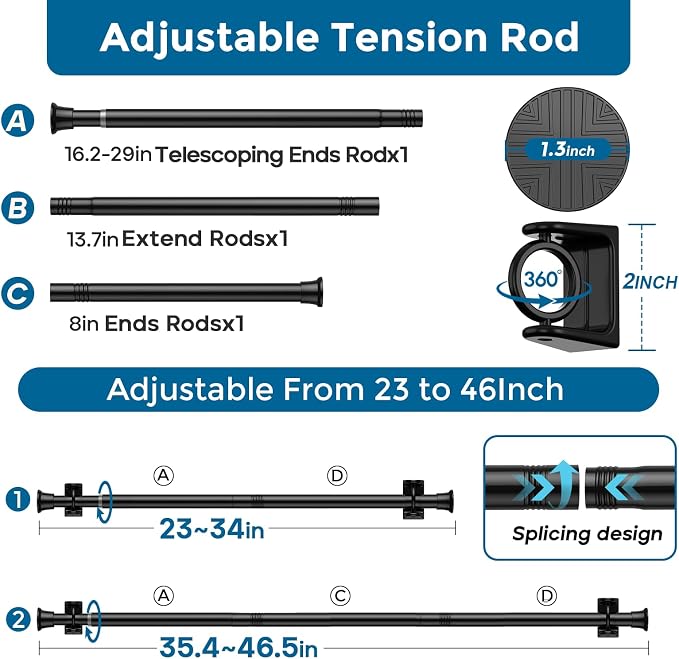 2PCS Spring Tension Curtain Rods 24 to 46 Inch Black Tension Rod Spring Curtain Tension Small Curtain Rods for Kitchen, (With Two Set Rod Holder)