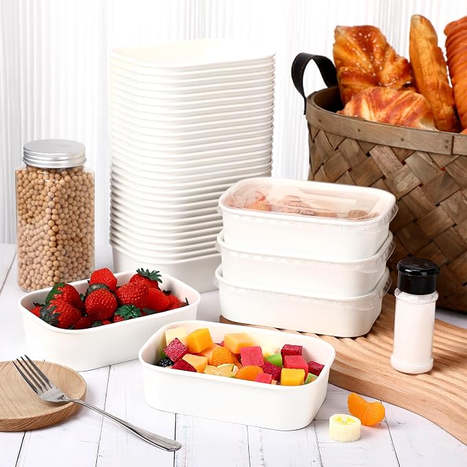Maxdot 50 Pack 17 oz Disposable Food Containers with Lids Paper Food Containers Bowls for Meal Prep, Salad, Ice Cream, Yogurt, Soup Bowls Party Leftover Box