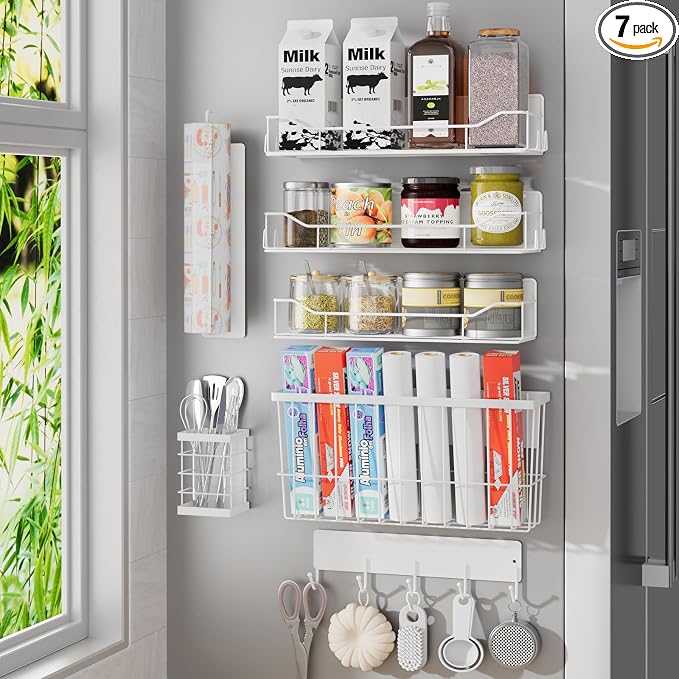 Magnetic Spice Rack for Refrigerator, 7 Pack Magnetic Fridge Shelf for Kitchen Organization Storage, Moveable Spice Organizer W/Paper Towel Holder, Utensil Caddy, Cutting Board Rack (White)