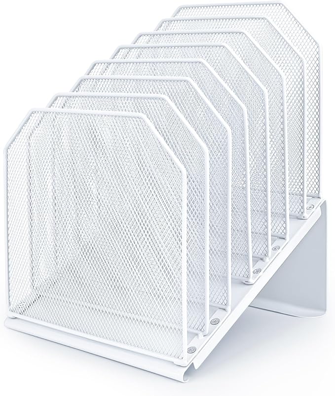 SUMMORO Inclined File Organizer for Desk, 7-Tier Vertical File Folder Holder Office Desk Organizer Metal Rack File Wire Mesh Desktop Document Sorter for Office School Classroom Home (White)