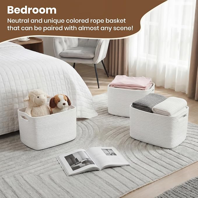 Storage Baskets for Organizing, 14 x 10 x 9” Closet Shelf Woven Baskets, Square Bins with Handles, Cotton Rope Basket for Clothes, Office, Room, White 1 Pack