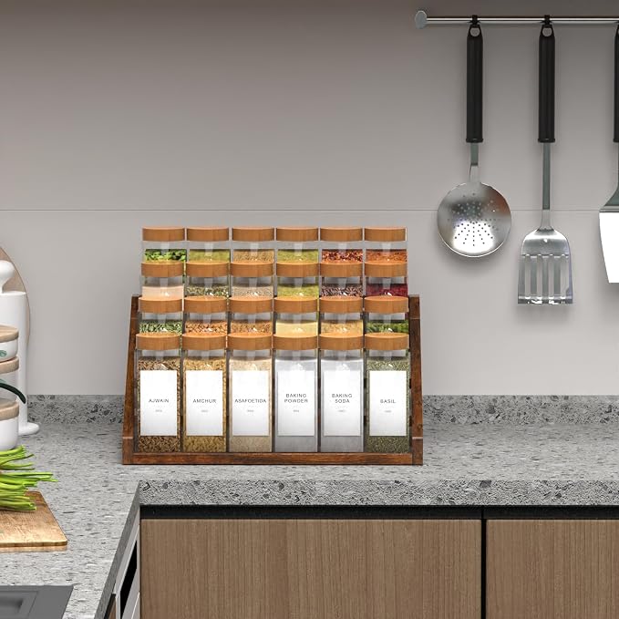 4 Step Spice Rack Organizer for Cabinet, Robust Wooden Display Riser Shelf Seasoning Organizer for Countertop Cupboard Pantry, Condiment Jar Kitchen Storage Holder Super Sturdy Stand, Rusitc Brown