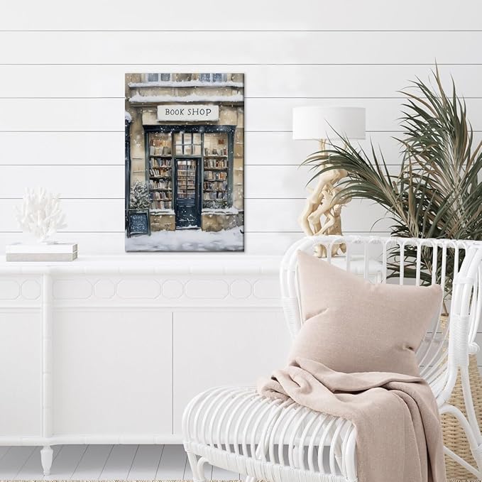 Winter Snowy Bookshop Art Aesthetic Poster Canvas Wall Art Decoration Living Room Home Decor Bedroom Decoration Poster Framed24x36inch
