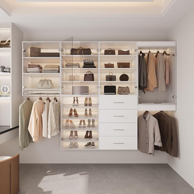 ROOMTEC 31.5" Shlef Tower Wardrobe Closet with Clear Glass Doors, Wall Mounted Modular Closet System, Clothes Storage Unit for Bedroom or Walk-in Closet, White