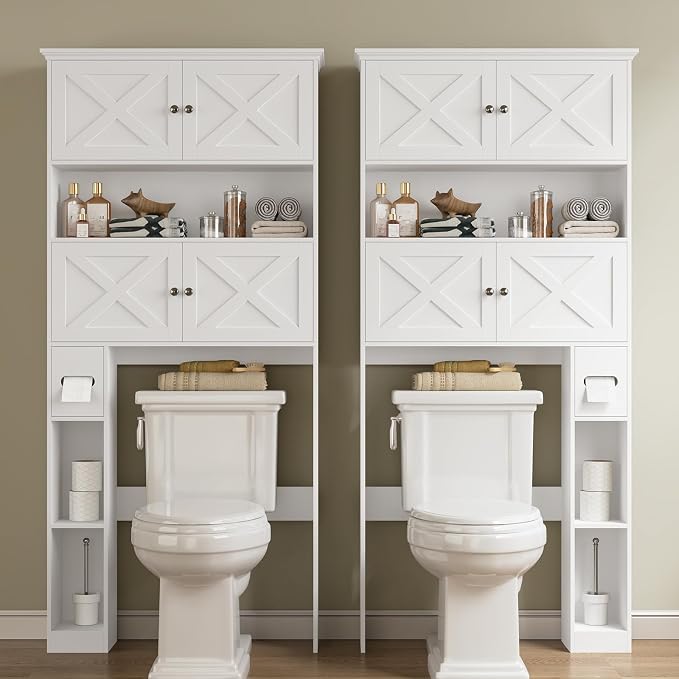 Halitaa Over The Toilet Storage Cabinet with Doors & Paper Holder, White | Halitaa Farmhouse Toilet Shelf Home Space Saver with 4 Barn Doors & Toilet Paper Holder Stand for Restroom, Bathroom, Laundry