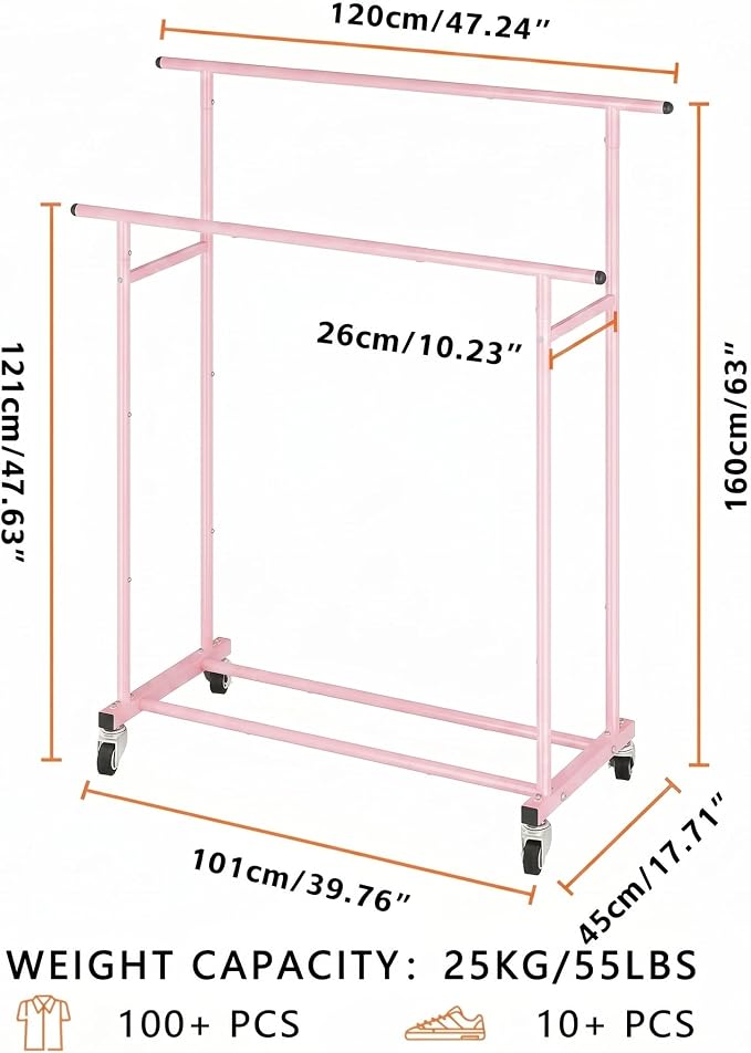 Calmootey Rolling Garment Rack with 2 Rods, Clothes Organizer for Bedroom | High-Low Rods, Two Lockable Wheels, Sturdy Metal Frame, Space-Saving, Fits Laundry, Living Room, Pink