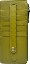 Leatherboss Genuine Leather Women's All in One Credit Business Card Case Holder Slim Zipper Wallet With a Card Protection Strap, Army Green