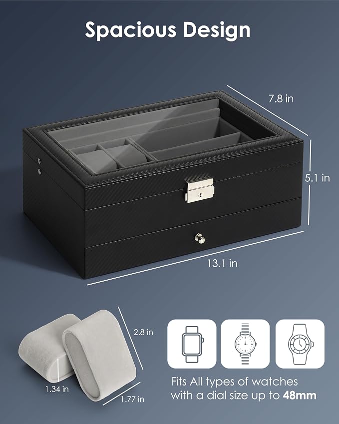 Kukikan Watch Jewelry Box Organizer, 6-Slot 2-Layer Watch Case and Sunglasses Storage with Large Glass Lid, Men's Jewelry Box with Lock, Watch Holder Display Case, Gift for Men Women
